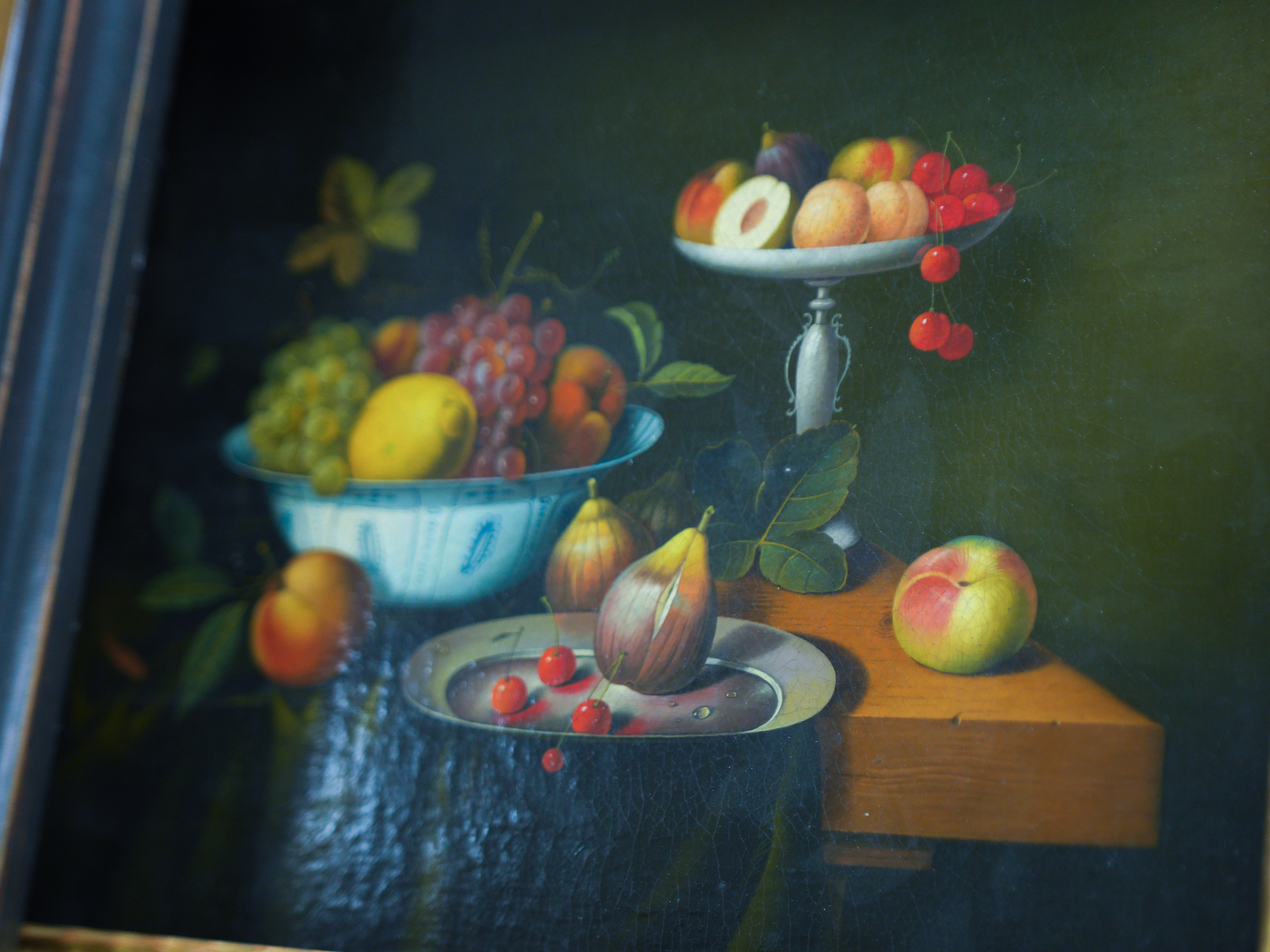 20th century, Dutch School, pair of oils on canvas, Still lifes of fruit, 22 x 29cm, housed in burr maple frames. Condition - fair, loose within frames